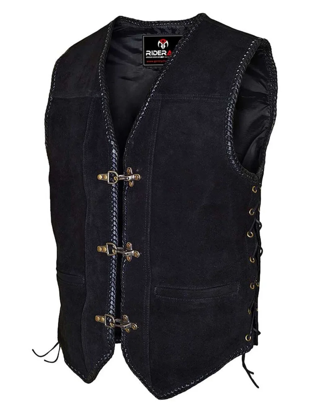 RIDERACT® Black Leather Motorcycle Vest Triple Clasp Biker Riding Vest